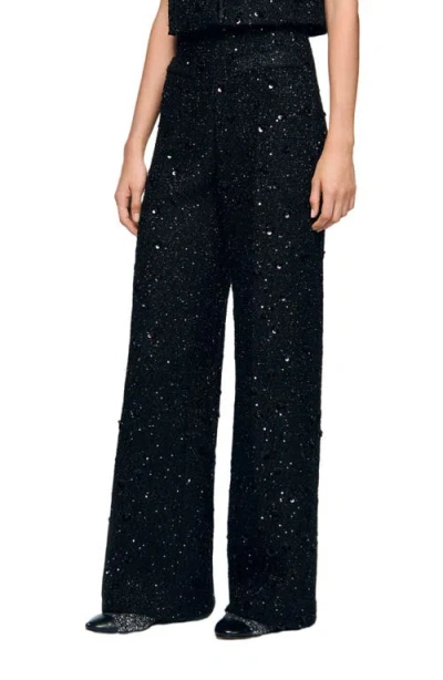 Sandro Rhinestone Tweed Trousers In Black