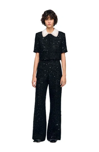 Sandro Rhinestone Tweed Trousers In Black