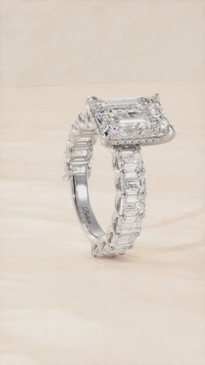 Balacia Emerald Cut Engagement Ring With Emerald Cut Side Diamonds In Silver