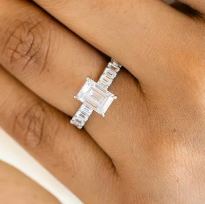 Balacia Emerald Cut Engagement Ring With Emerald Cut Side Diamonds In Silver