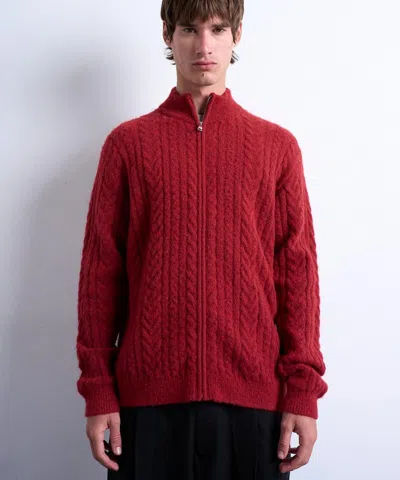 Topman Cable Knitted Zip Through Funnel Neck Cardigan In Red