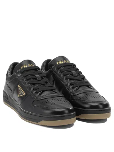 Prada Enamel-triangle Leather Sneakers In Black