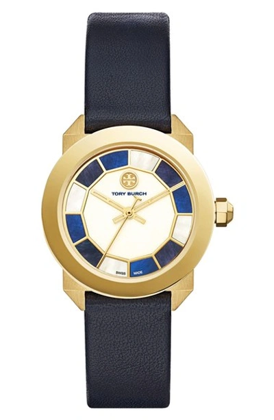 Shop Tory Burch Whitney Leather Strap Watch, 35mm In Navy/ Mop/ Gold