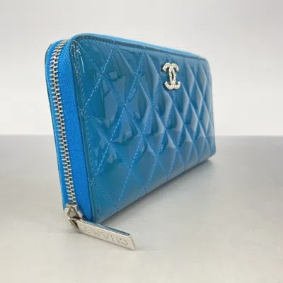 Pre-owned Chanel Turquoise Patent Leather Long Wallet (bi-fold) () In Blue