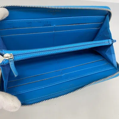 Pre-owned Chanel Turquoise Patent Leather Long Wallet (bi-fold) () In Blue