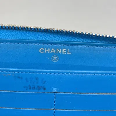 Pre-owned Chanel Turquoise Patent Leather Long Wallet (bi-fold) () In Blue