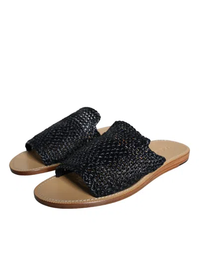 Pre-owned Dolce & Gabbana Black Monochrome Braided Raffia Slides Men's Shoes ()