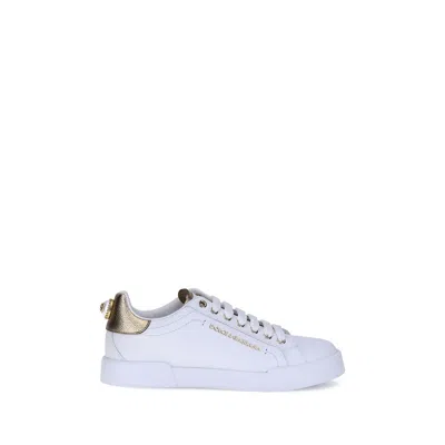 Dolce & Gabbana White Calf Leather Bos Taurus Low Top Women's Sneakers In White