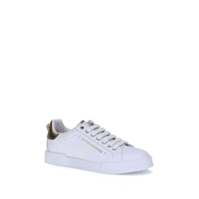 Dolce & Gabbana White Calf Leather Bos Taurus Low Top Women's Sneakers In White
