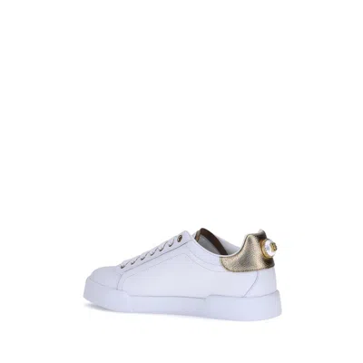 Dolce & Gabbana White Calf Leather Bos Taurus Low Top Women's Sneakers In White