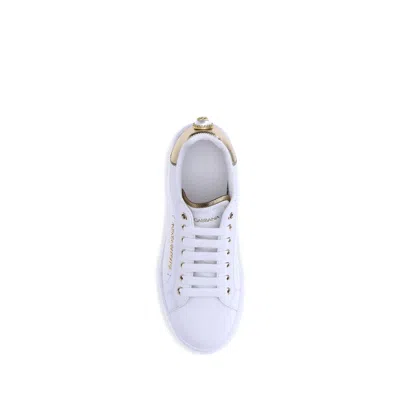 Dolce & Gabbana White Calf Leather Bos Taurus Low Top Women's Sneakers In White