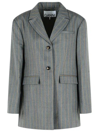 Ganni Wool Blend Blazer Striped Notch Lapel In Gray