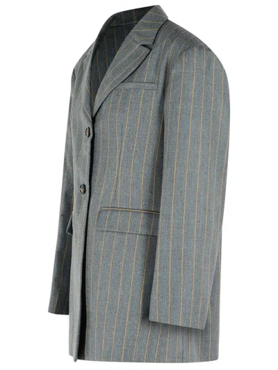 Ganni Wool Blend Blazer Striped Notch Lapel In Gray