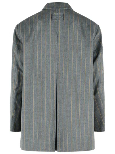 Ganni Wool Blend Blazer Striped Notch Lapel In Gray