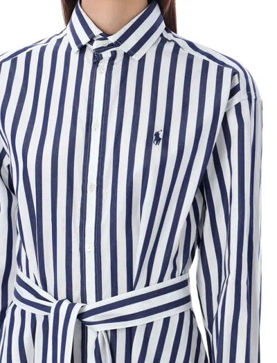 Polo Ralph Lauren Striped Cotton Belted Shirtdress In Blue