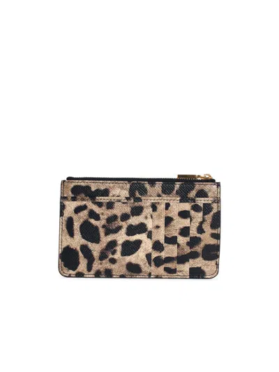 Dolce & Gabbana 'dauphine' Leopard Print Leather Card Holder In Gray