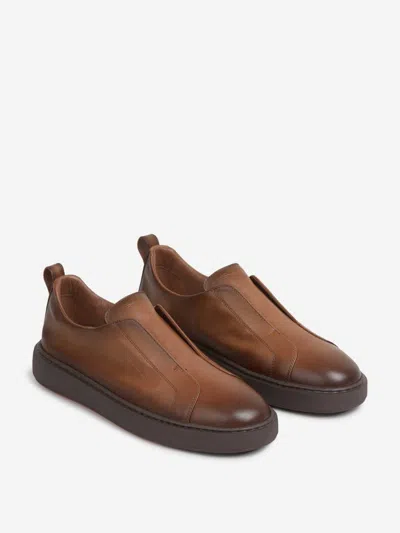 Santoni Smooth Leather Sneakers In Brown