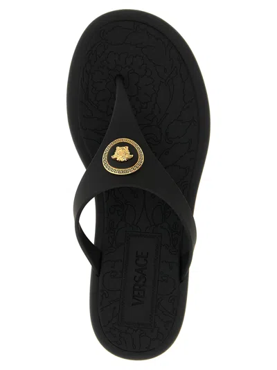 Versace Flat Sole Open Toe Sandals With Medusa Motif In Black