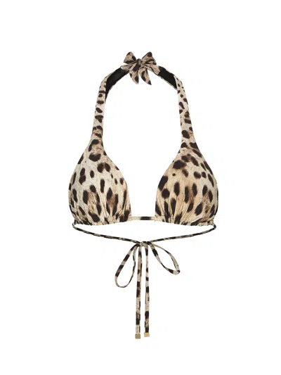 Dolce & Gabbana Animal Print Halter Bikini Top Bow Detail In Brown