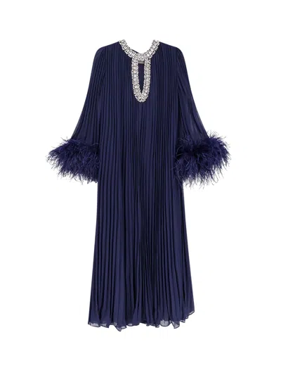 Self-portrait Embellished Feather-trimmed Chiffon Midi Dress In Blue