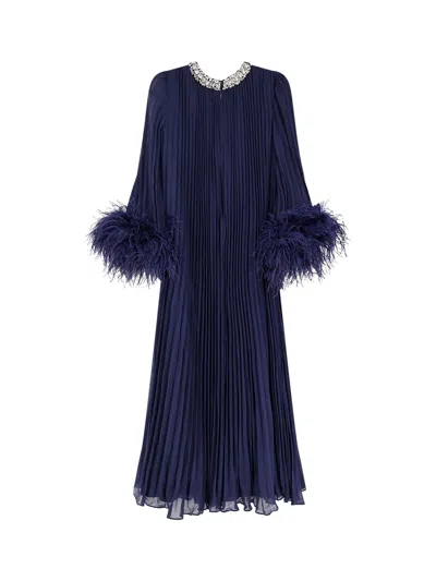 Self-portrait Embellished Feather-trimmed Chiffon Midi Dress In Blue