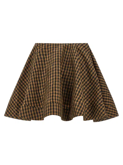 Ganni Crinkled Check Mini Circle Skirt In Brown