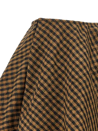 Ganni Crinkled Check Mini Circle Skirt In Brown