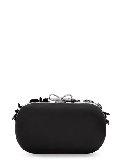 Self-portrait Crystal-embellished Floral Satin Clutch In Black