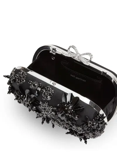 Self-portrait Crystal-embellished Floral Satin Clutch In Black
