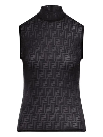 Fendi Women Black Crewneck Sleeveless Top With All-over Ff Motif And Rear Zip Closure In Tech Fabric
