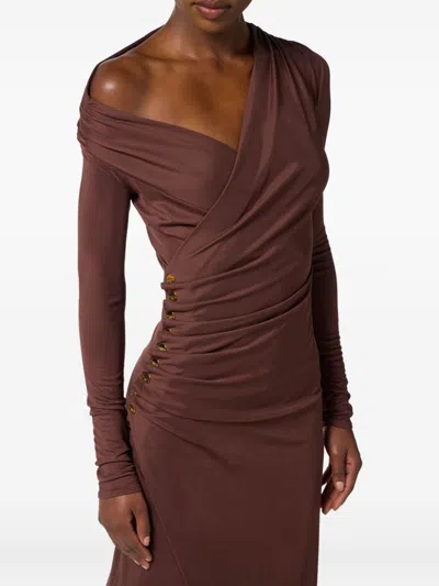 Elisabetta Franchi Brown Draped Midi Dress With Asymmetric Neckline In Viscose Stretch Woman In Brown