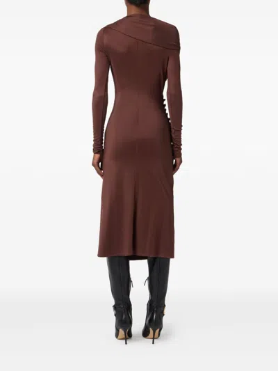 Elisabetta Franchi Brown Draped Midi Dress With Asymmetric Neckline In Viscose Stretch Woman In Brown