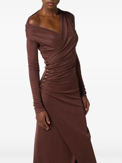 Elisabetta Franchi Brown Draped Midi Dress With Asymmetric Neckline In Viscose Stretch Woman In Brown