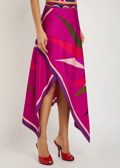 Pucci Hawaii Asymmetric Silk Midi Skirt In Pink