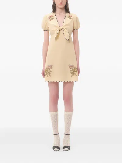 Valentino Printed Twill-trimmed Embroidered Woven Mini Dress In Neutral
