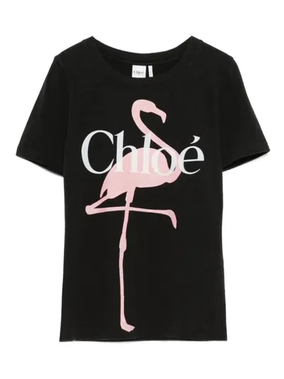 Chloé Women Black Crewneck T-shirt With Maxi Logo Print On The Front In Cotton Woman In Black