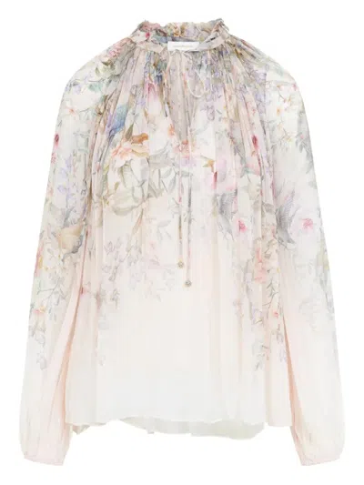 Zimmermann 'rebellion' Multicolor Blouse With Bow Detail On The Front And All-over Floral Motif In Viscose Woma