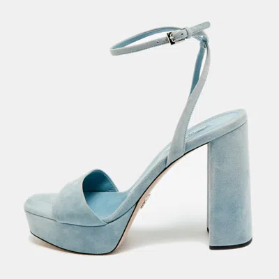 Pre-owned Prada Size 40 Blue Suede Ankle Strap Block Heel Sandals