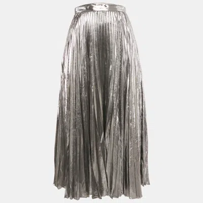 Pre-owned Celine Silver Lamé Plisse Midi Skirt M