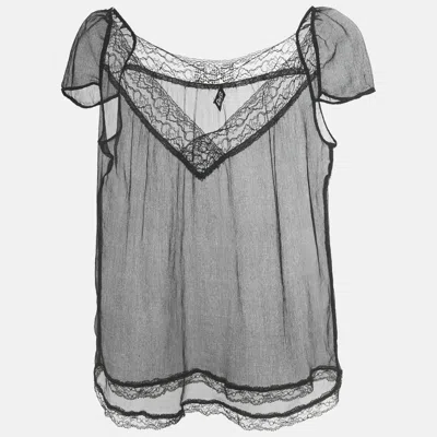 Pre-owned D & G Black Silk Chiffon Lace Trim Sheer Top S
