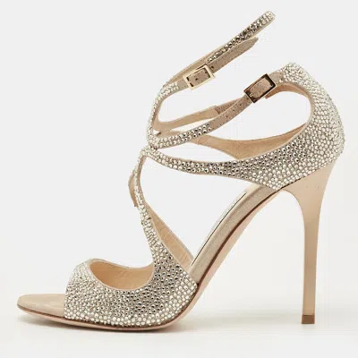 Pre-owned Jimmy Choo Lang Size 36.5 Beige Crystal Embellished Suede Ankle Strap Sandals