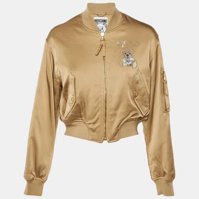 Pre-owned Moschino Beige Teddy Print Synthetic Cropped Bomber Jacket S In Sand