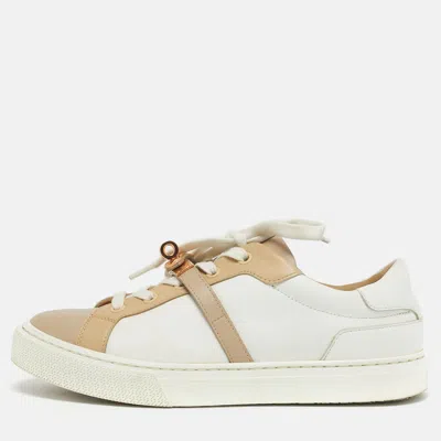 Pre-owned Hermes Day Size 37 White/beige Leather Lace Up Sneakers