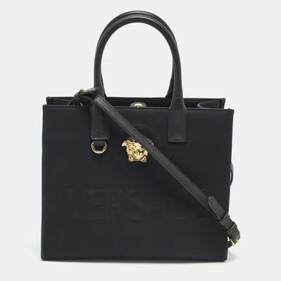 Pre-owned Versace La Medusa Small Navy Blue/black Canvas Tote