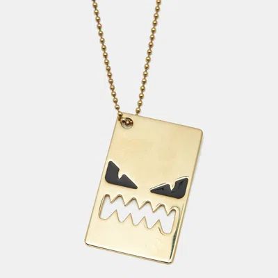 Pre-owned Fendi Monster Enamel Gold Tone Tag Necklace
