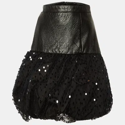 Pre-owned Saint Laurent Black Leather & Sequin Tulle Mini Skirt L
