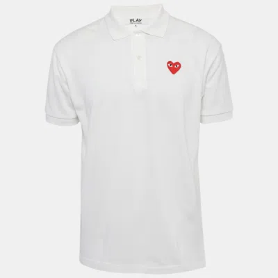 Pre-owned Comme Des Garçons Play White Heart Pique Polo T-shirt Xl