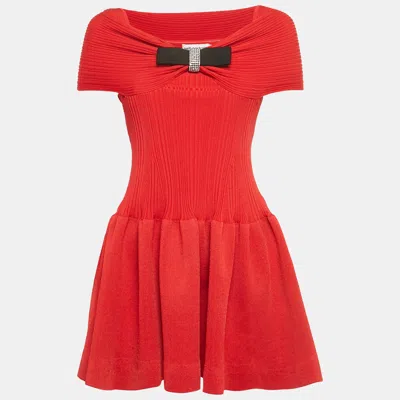 Pre-owned Self-portrait Red Knit Off-shoulder Bow Mini Dress Xs