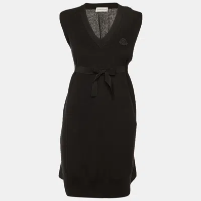 Pre-owned Moncler Black Cotton & Cashmere Blend Logo Applique Sweater Mini Dress Xs