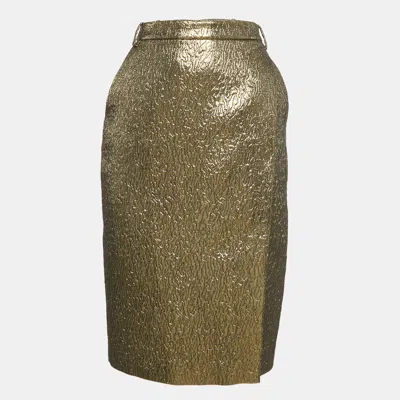 Pre-owned Ferragamo Metallic Textured Lamé Pencil Skirt M In Silver